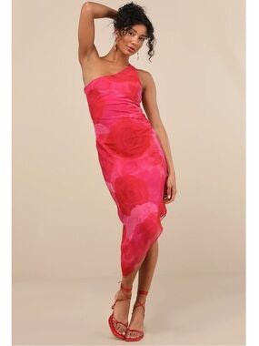 NWT Lulu’s Pretty Serene Pink Floral One-Shoulder Asymmetrical Midi Dress XS & M